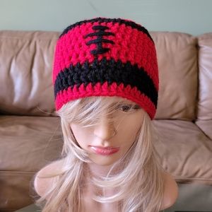 Handmade Crochet Adult Red/Black Football Beanie